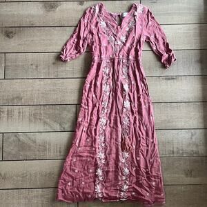 Piper & Scoot Embroidered Boho Dress Rust Pink Cottagecore Peasant Style Size S